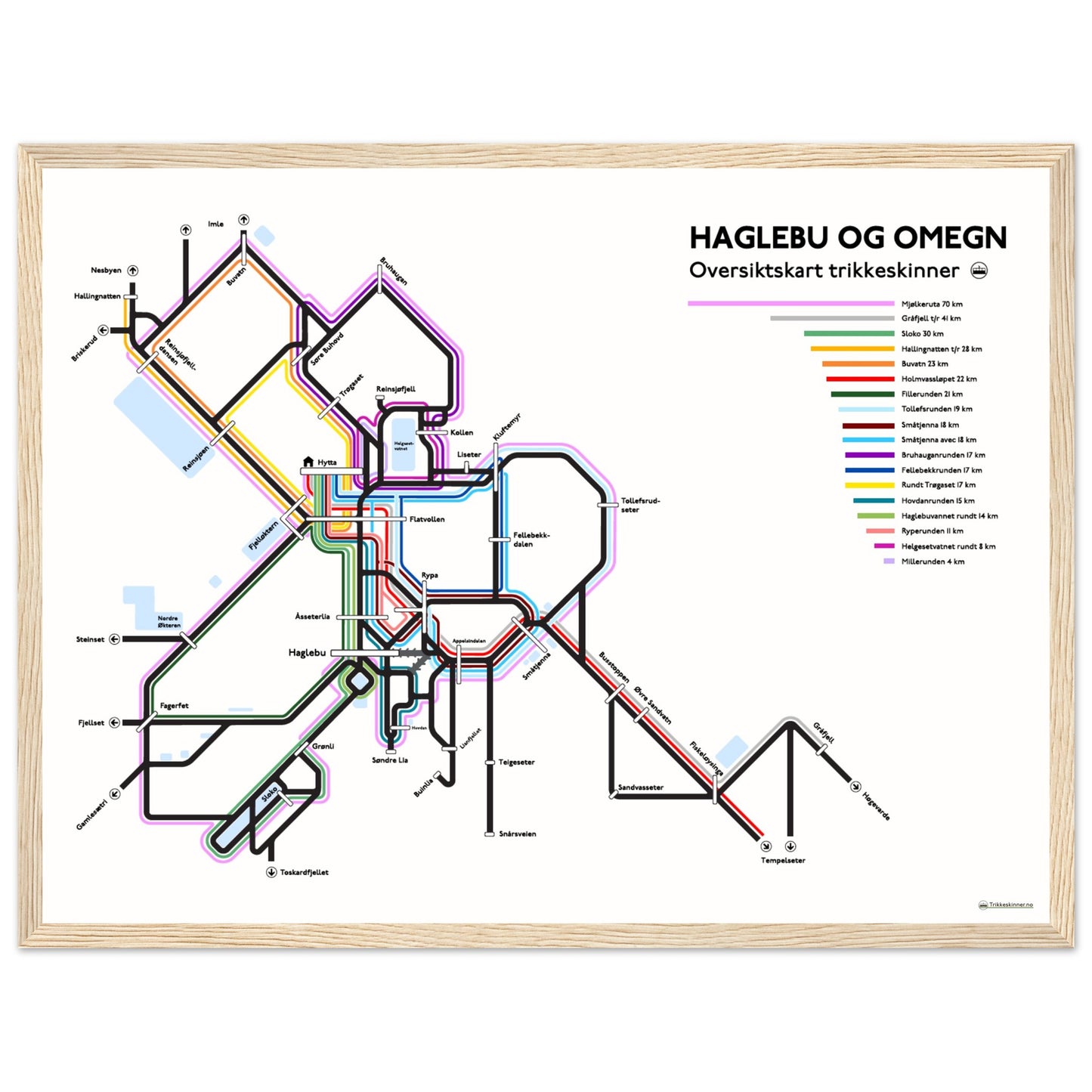 HAGLEBU OG OMEGN - Løypekart // Plakat med treramme - Øvre Reinsjøfjell SPESIAL